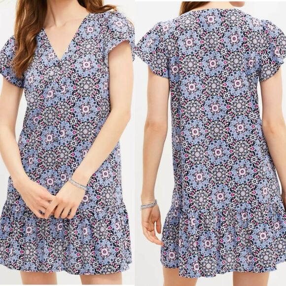 Loft  Medallion Button Ruffle Flounce Blue and Pink Dress Size Large - Picture 1 of 8